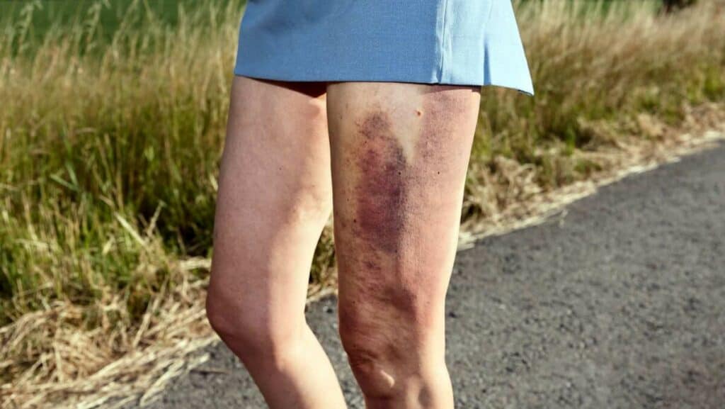 Picture of a person with bruising on their thigh from a dead leg